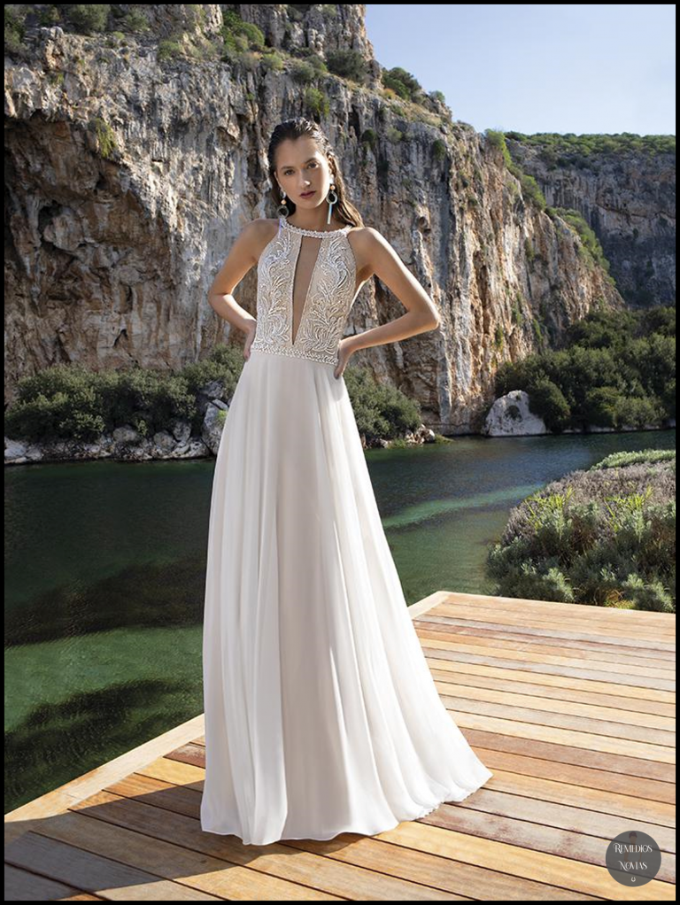 Vestido de novia destination romance coleccion 2020 sencillo y elegante con corte recto